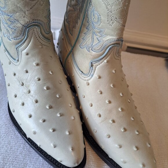 Mens Ostrich Imitation Western Rodeo Leather Boots white and‎ Blue Size 3.5 - Picture 15 of 16